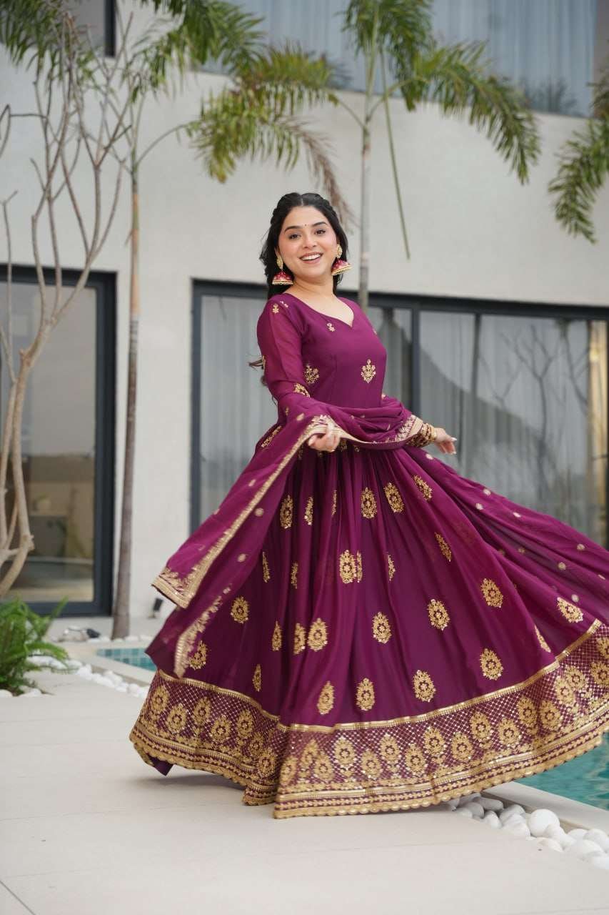 Women’s Ethnic Anarkali Style Floor-Length Gown in Magenta with Golden Zari Embroidery – Festive & Wedding Wear - Image 4
